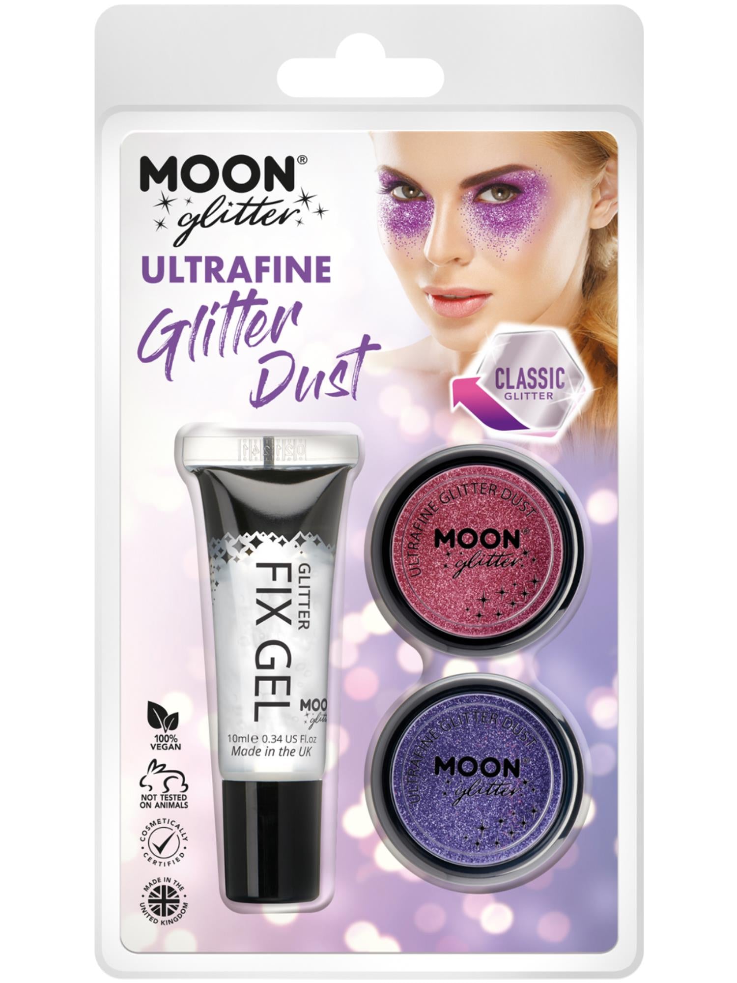 Smiffys Moon Glitter Classic Ultrafine Glitter Dust 5 g mit Fix Gel in Pink und Lavender
