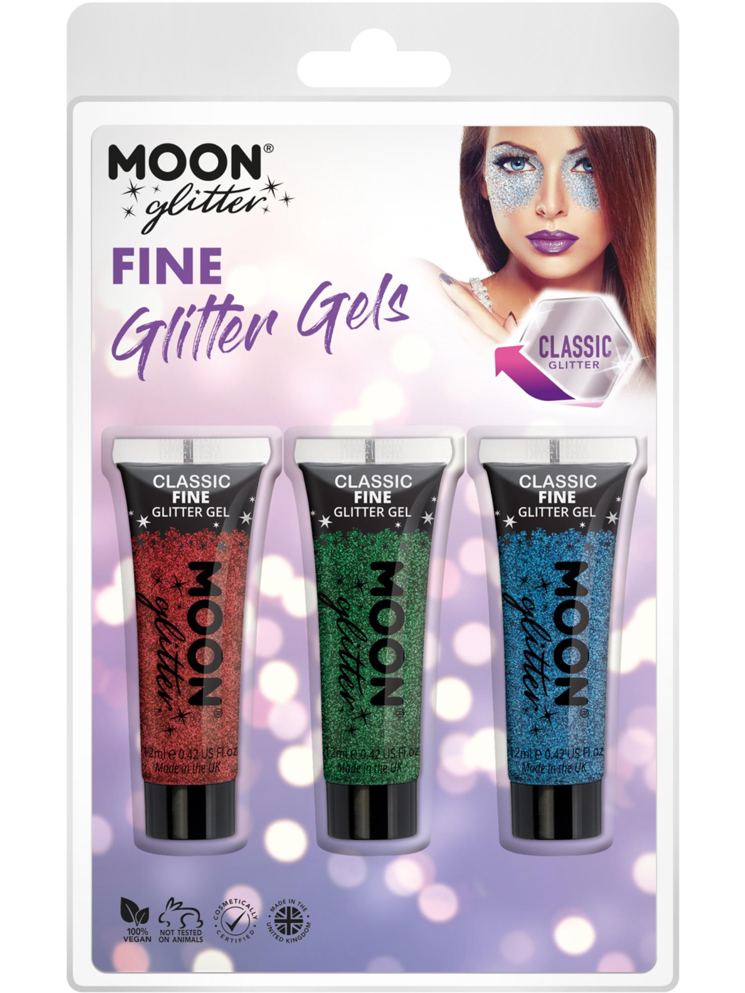 Smiffys Moon Glitter Classic Fine Glitter Gel 12 ml in Red Green Blue