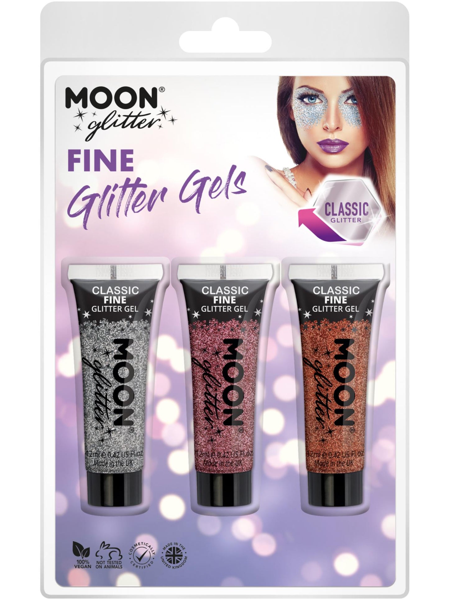 Smiffys Moon Glitter Classic Fine Glitter Gel 12 ml in Silver Pink und Copper Bronze