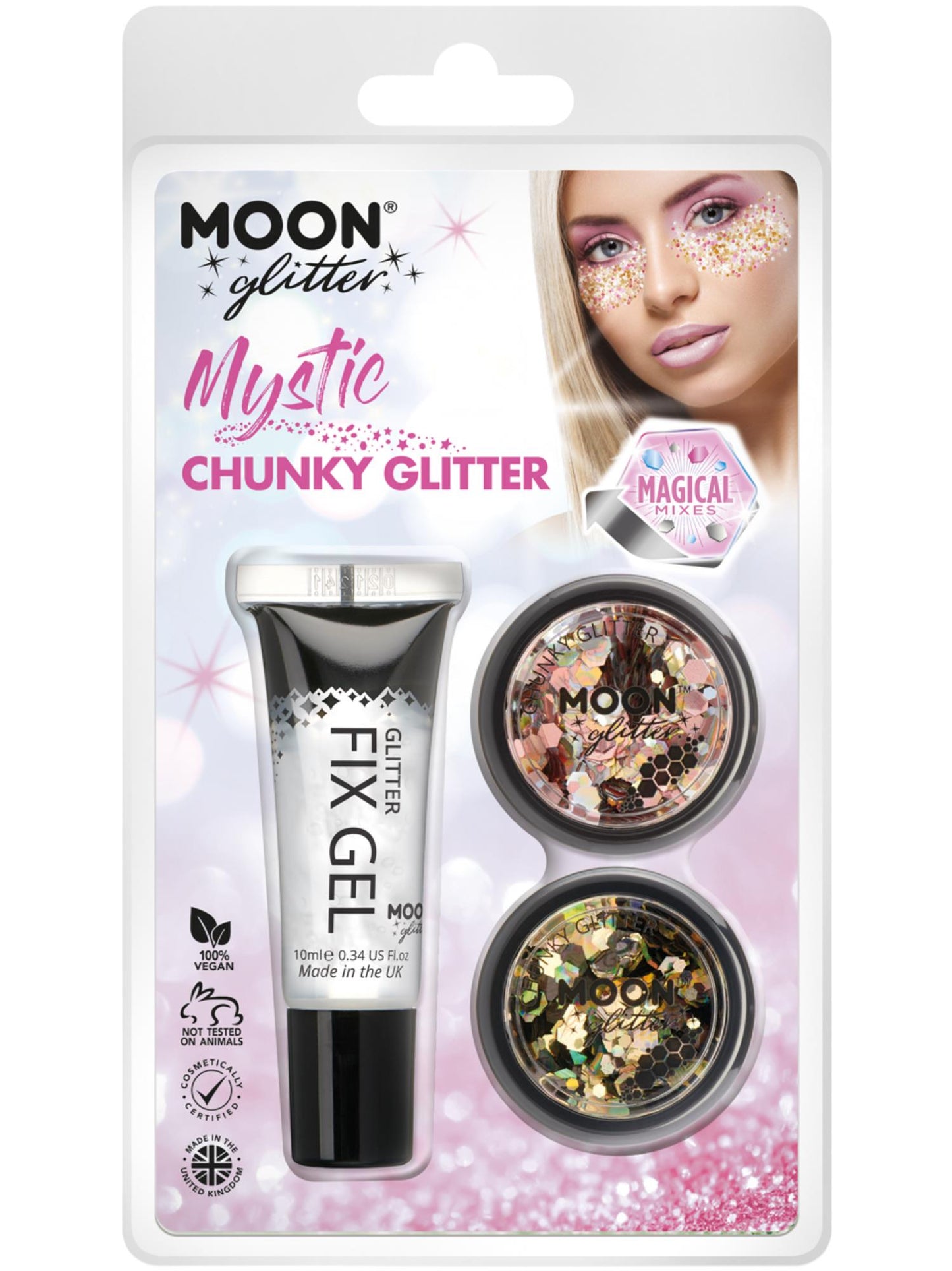 Smiffys Moon Glitter Mystic Chunky Glitter Mixed Colours mit Fix Gel, 3 g