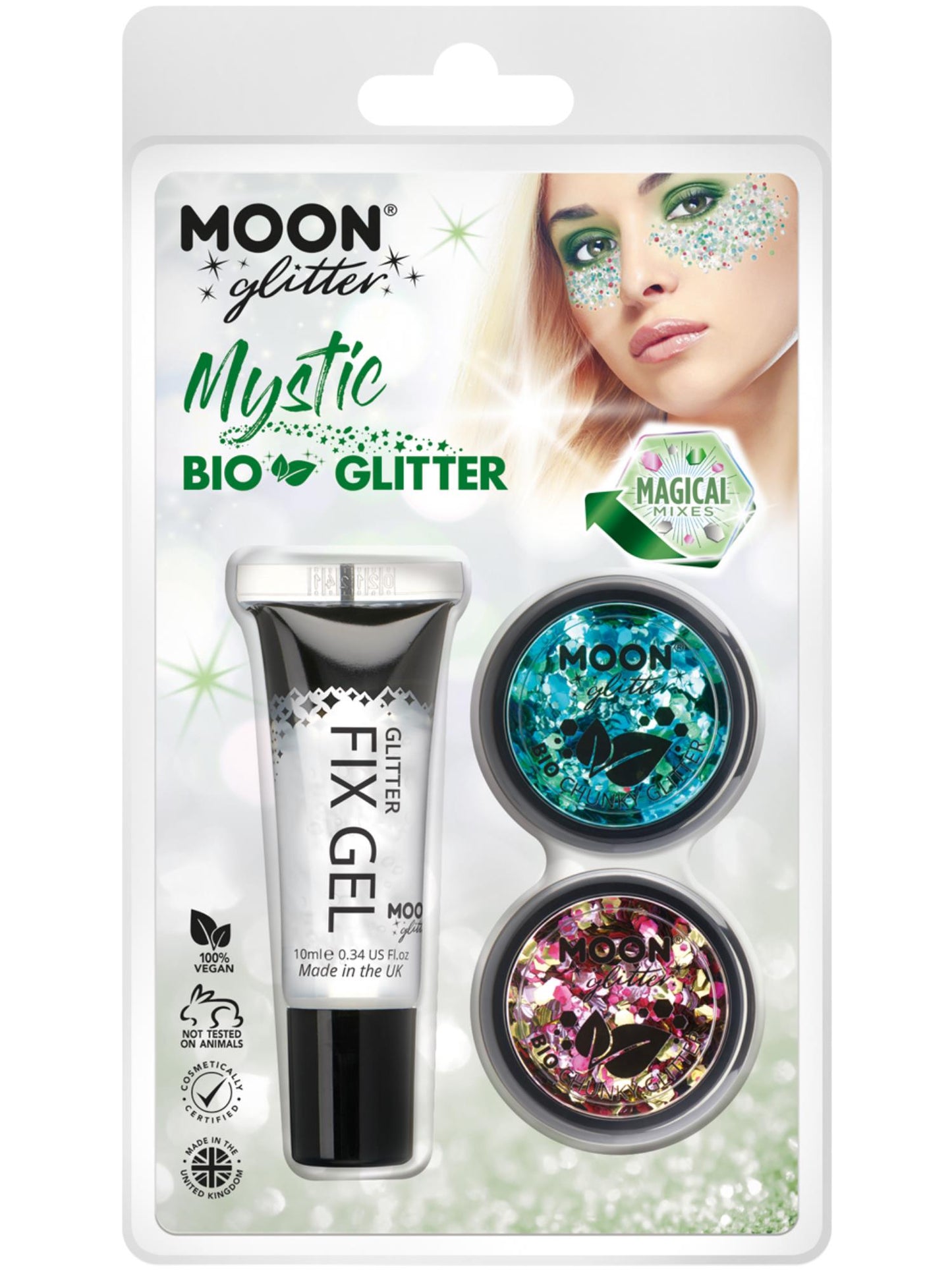 Smiffys Moon Glitter Mystic Bio Chunky Glitter Mixed Colours mit Fix Gel im Clamshell