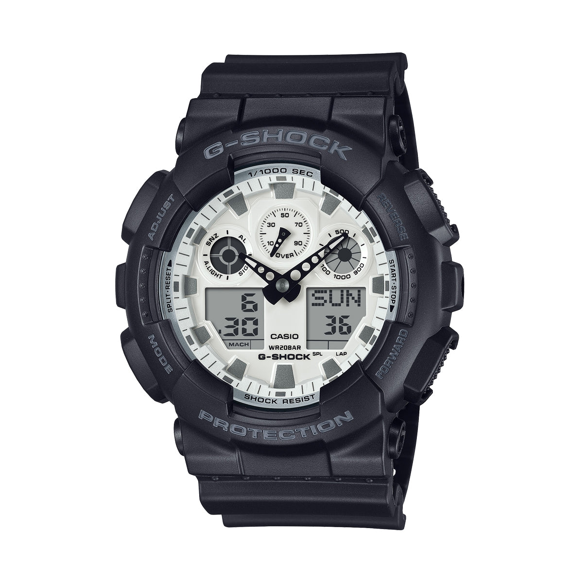 CASIO G-SHOCK GA-100WD-1AER Oversize-Uhr in Schwarz und Brilliant White – Detailansicht