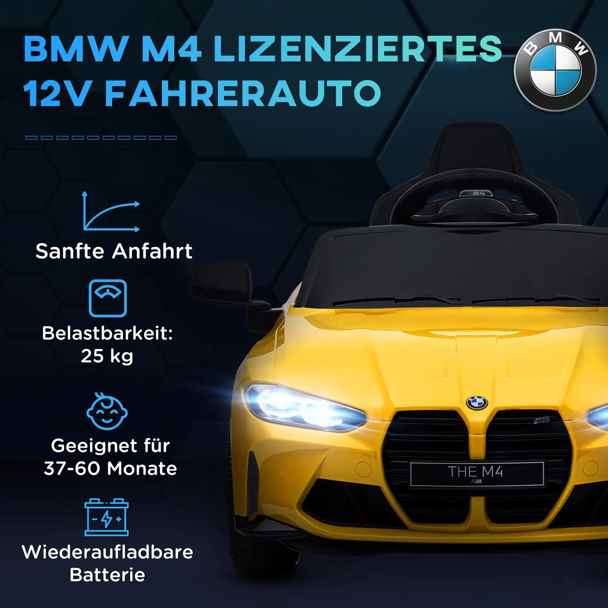 Gelbes BMW M4 Elektro Kinderauto mit Fernbedienung und LED-Scheinwerfern.