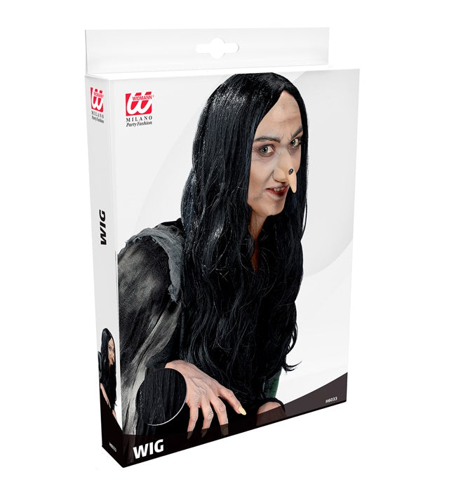 Schwarze Perücke Amelia in Box für Fasnacht und Halloween
