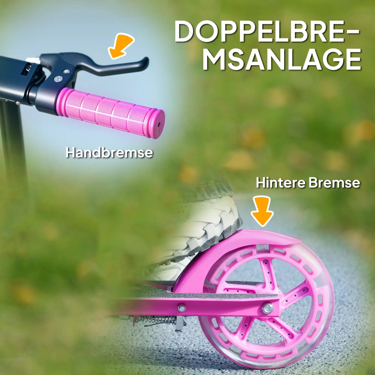 Rosa Kinderroller mit faltbarem Metallrahmen und doppelten Bremsen, ideal für 3-8 Jahre.