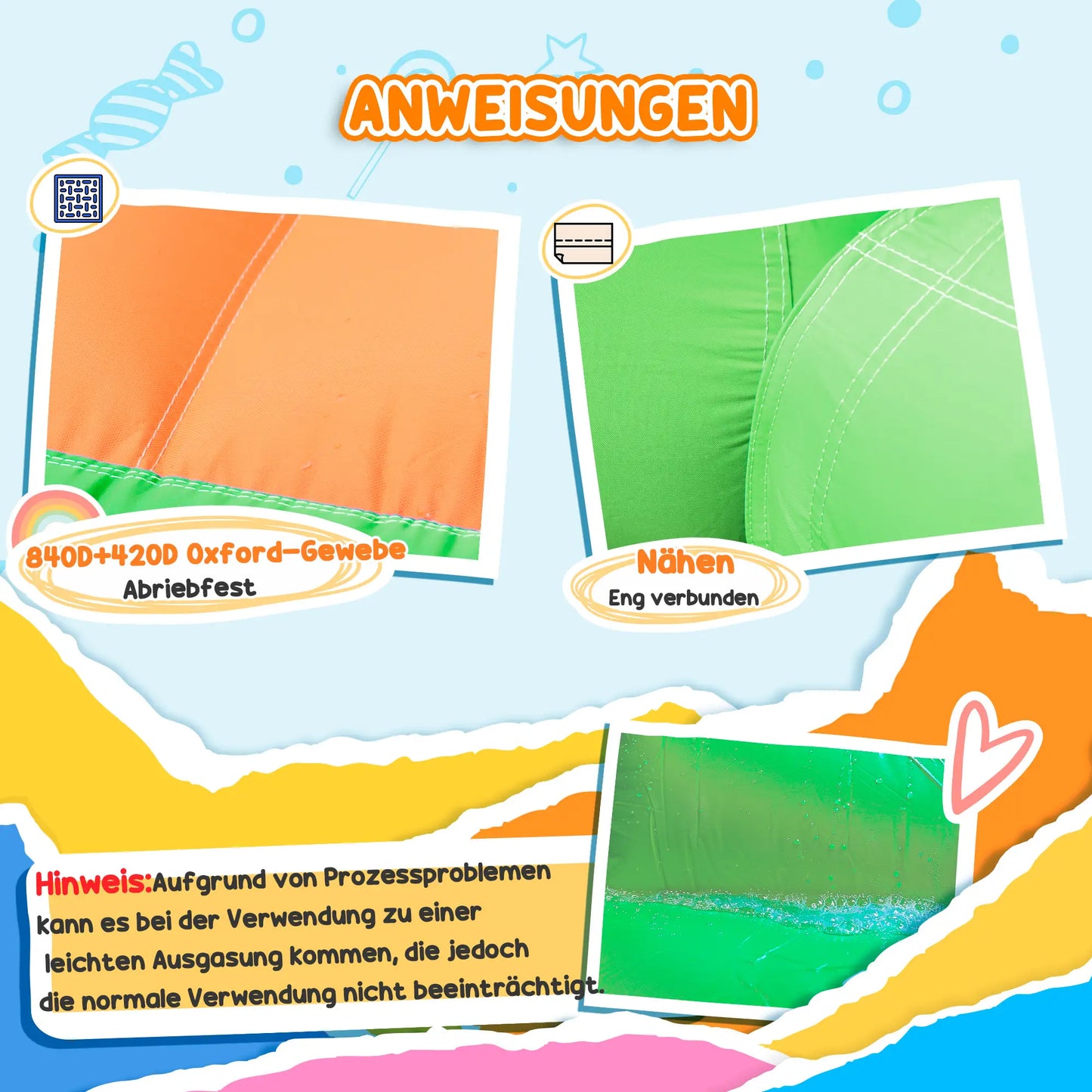 Bunte aufblasbare Hüpfburg mit Rutsche, zwei Wasserbecken und Boxsack im Garten