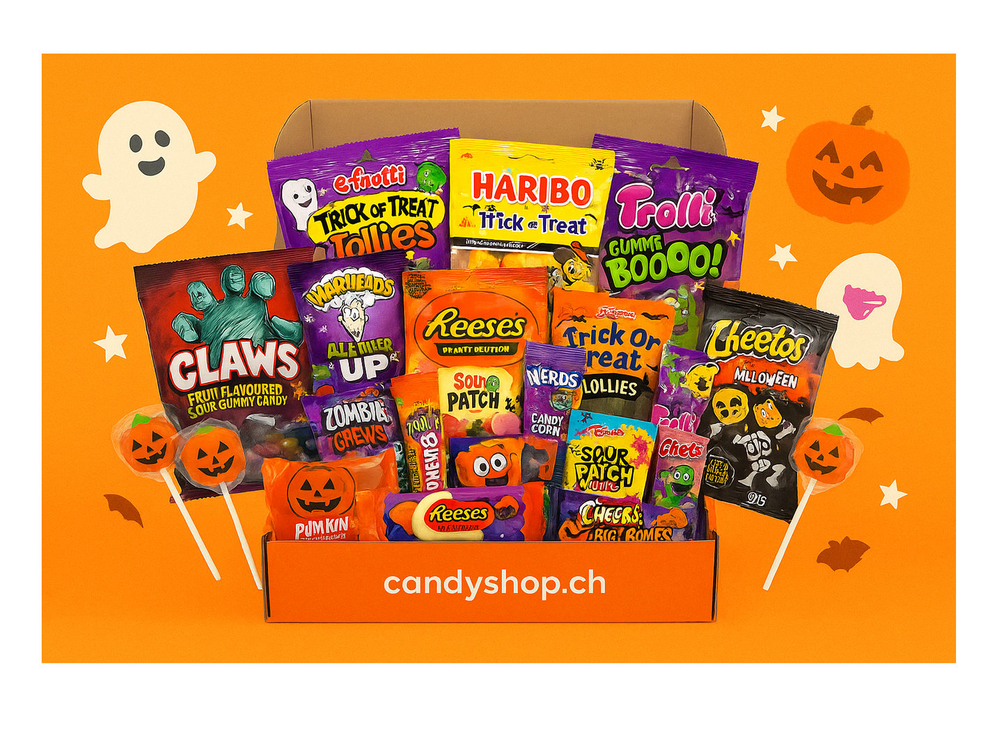 Bunte Halloween Überraschungsbox mit verschiedenen Süßigkeiten und gruseligen Snacks auf dunklem Hintergrund