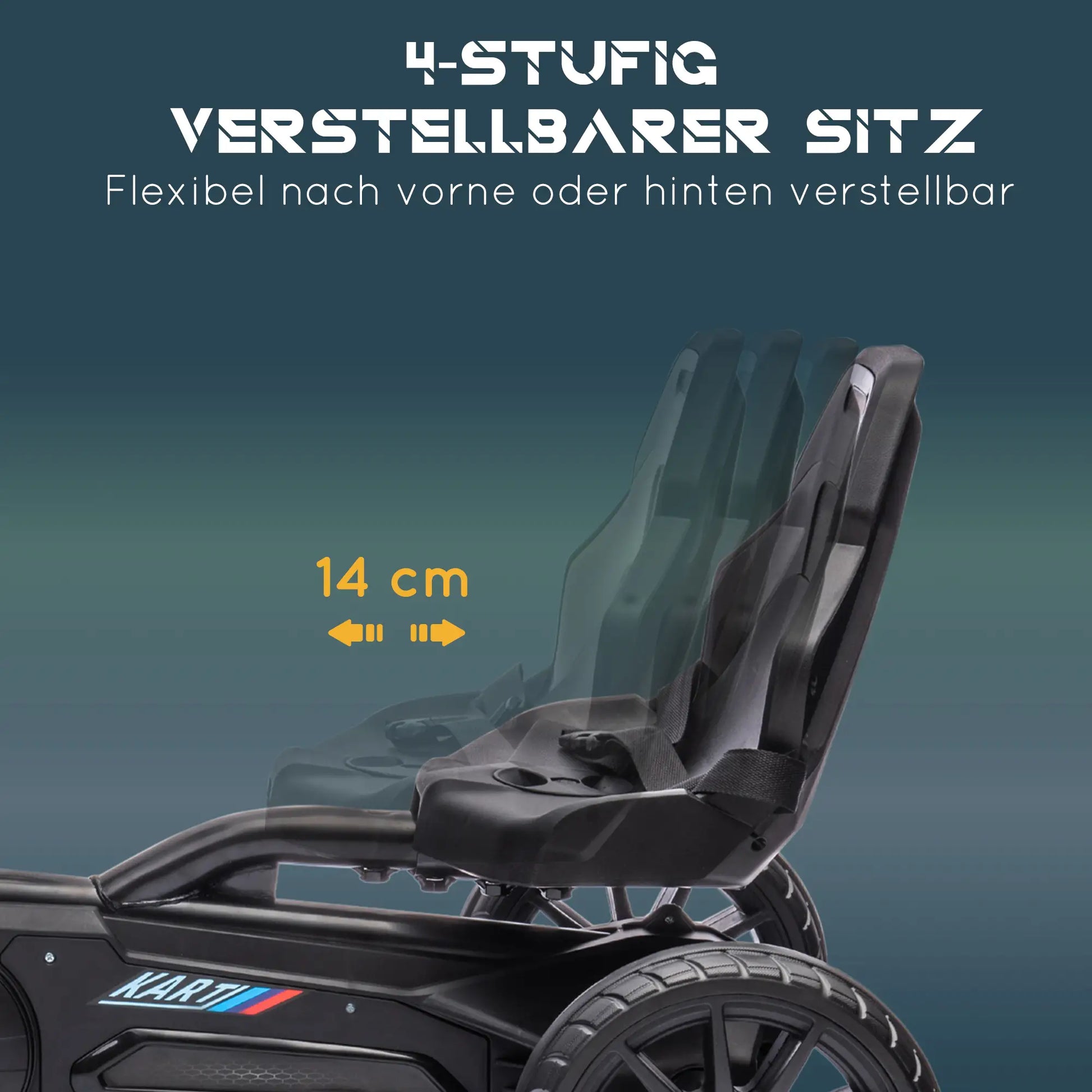 Schwarzes Go-Kart für Kinder mit verstellbarem Sitz und Handbremse, ideal für aktives Spielen.