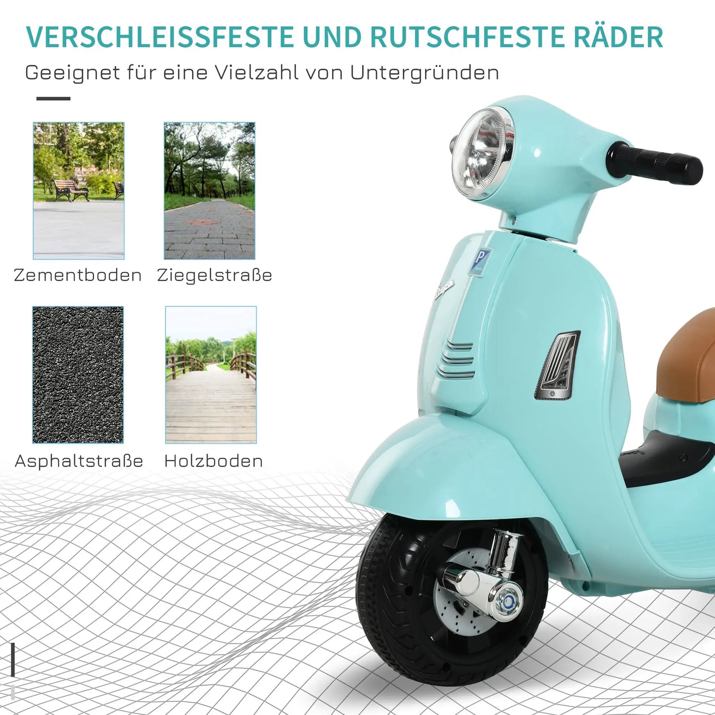 Grünes Vespa Elektromotorrad für Kleinkinder mit LED-Scheinwerfern und abnehmbaren Stützrädern