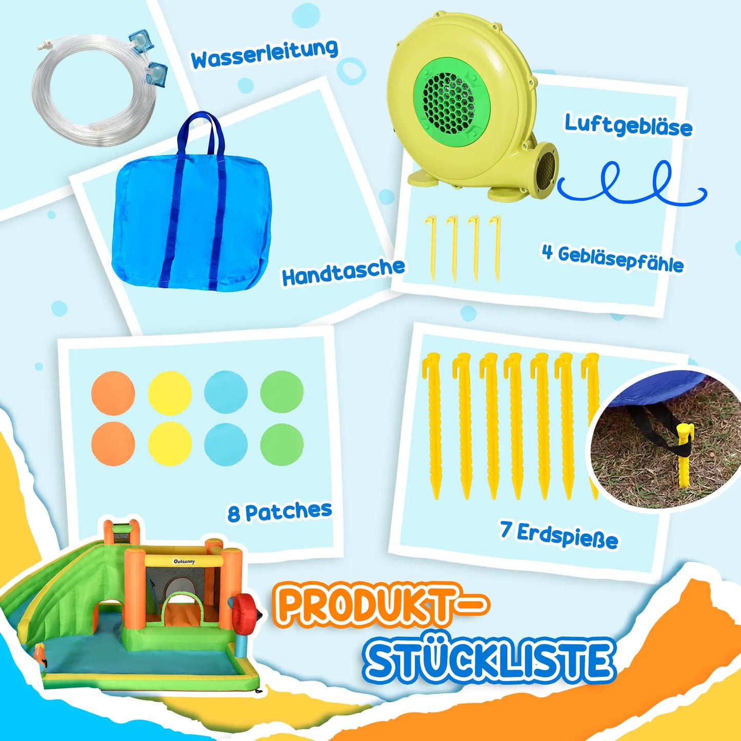 Bunte aufblasbare Hüpfburg mit Rutsche, zwei Wasserbecken und Boxsack im Garten