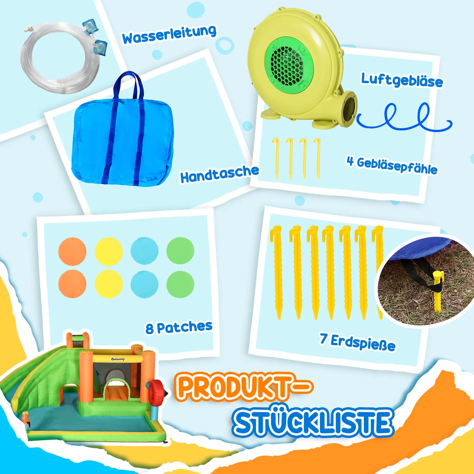 Bunte aufblasbare Hüpfburg mit Rutsche, zwei Wasserbecken und Boxsack im Garten