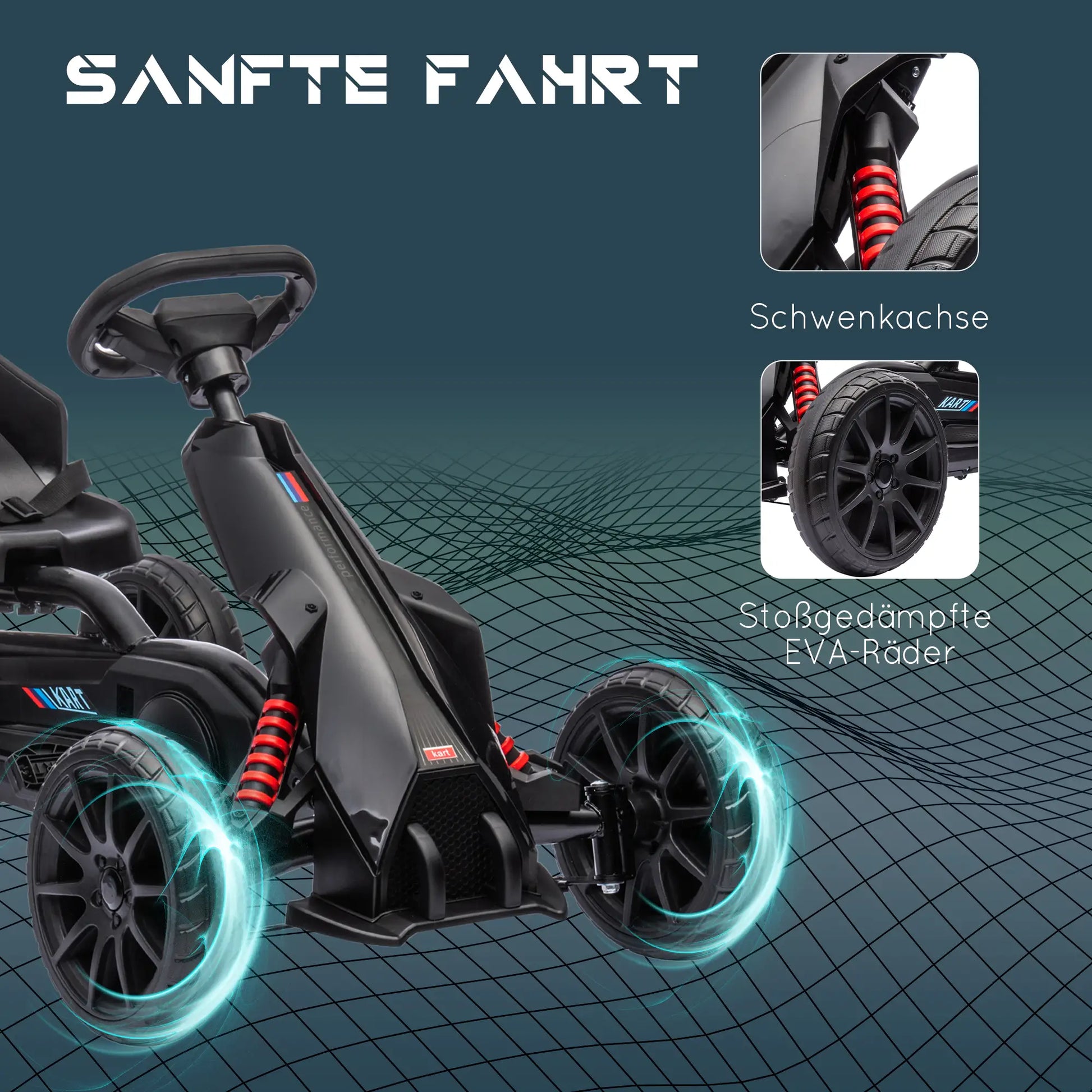 Schwarzes Go-Kart für Kinder mit verstellbarem Sitz und Handbremse, ideal für draußen.