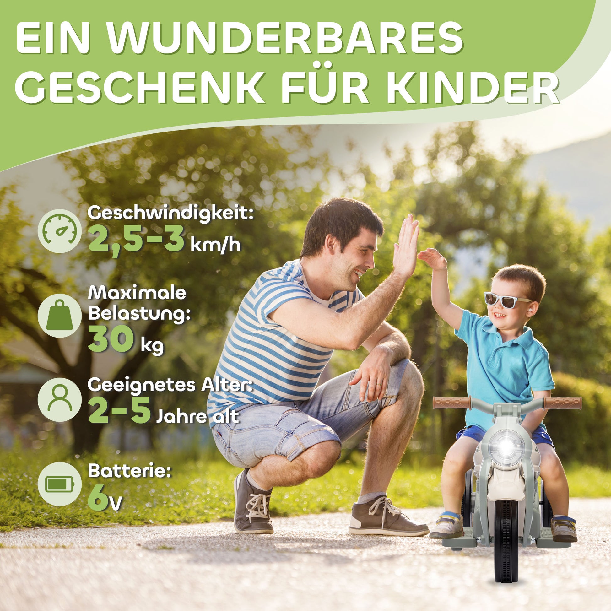Cremeweißes Kinder-Elektromotorrad mit drei Rädern, Musik und Seifenblasenfunktion für 2-5 Jahre.