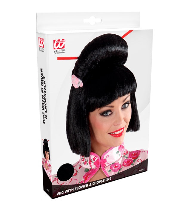 Geisha-Perücke mit Blumen und Stäbchen in Box für Fasnacht
