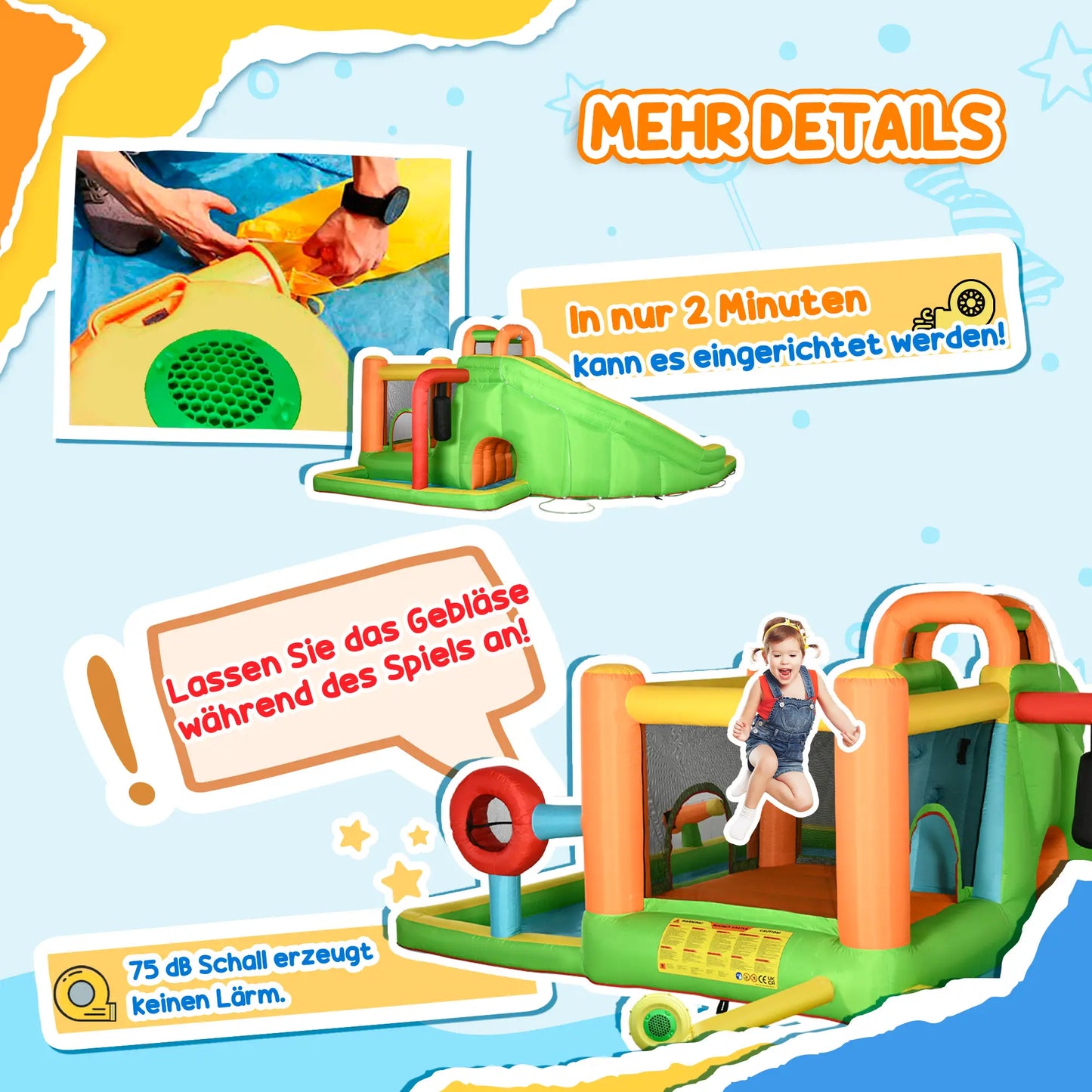 Aufblasbare Hüpfburg mit Rutsche und zwei Wasserbecken in bunten Farben, 478x440 cm.