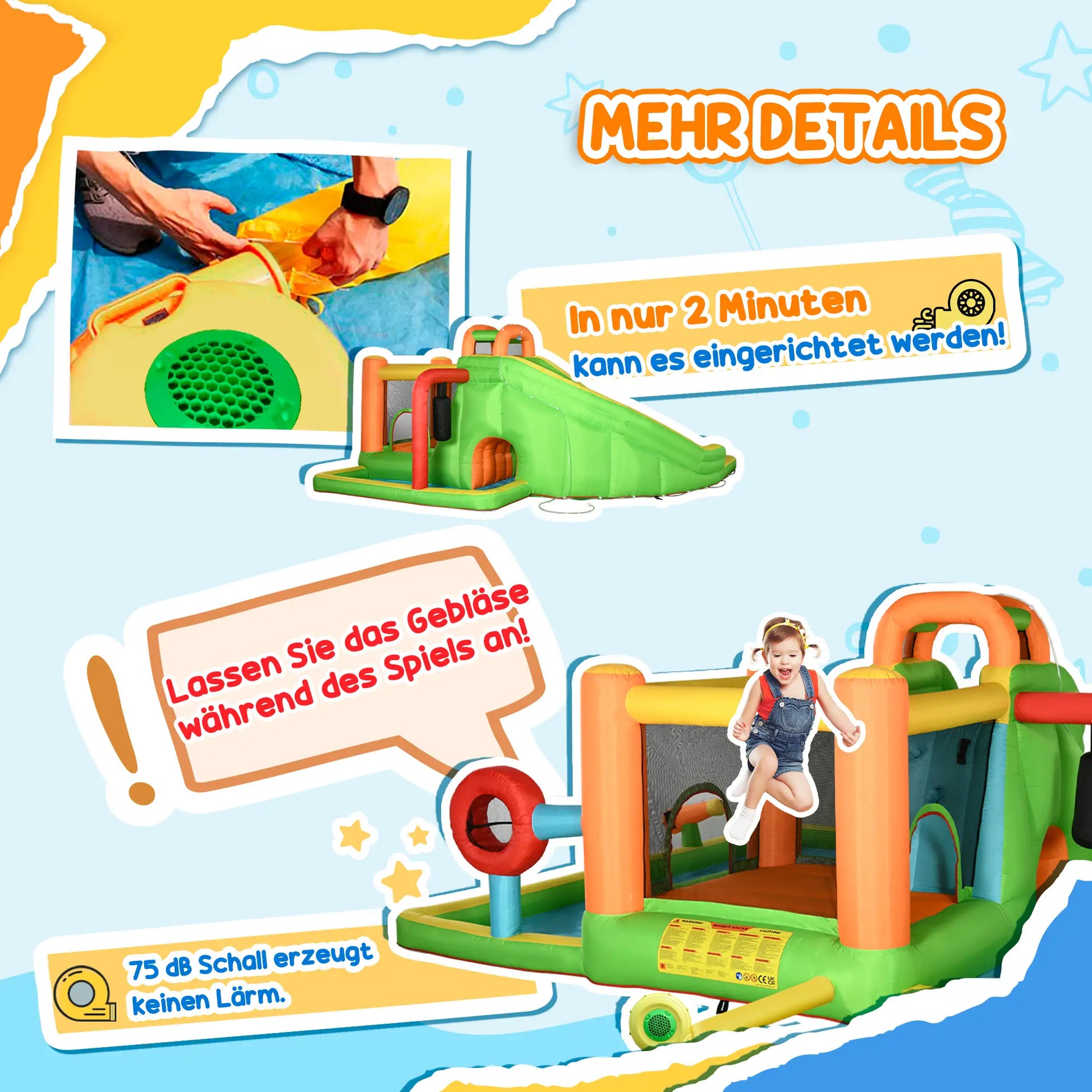 Aufblasbare Hüpfburg mit Rutsche und zwei Wasserbecken in bunten Farben, 478x440 cm.