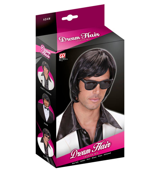 Schwarze Dream Hair Perücke Adam in farbiger Box für Fasnacht und Karneval