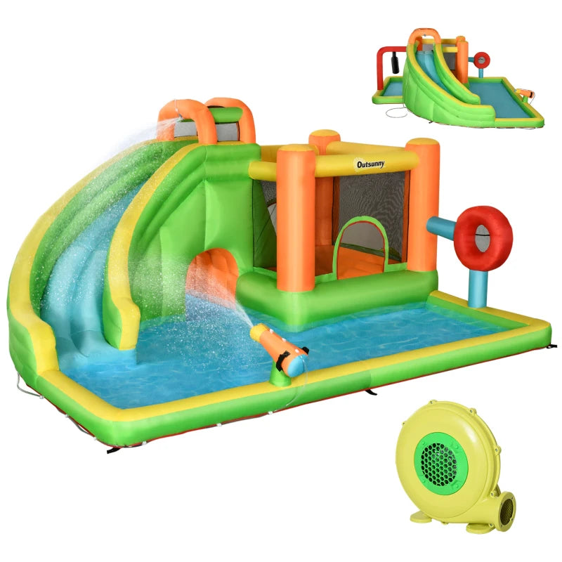 Aufblasbare Hüpfburg mit Rutsche und zwei Wasserbecken in bunten Farben, 478x440 cm.