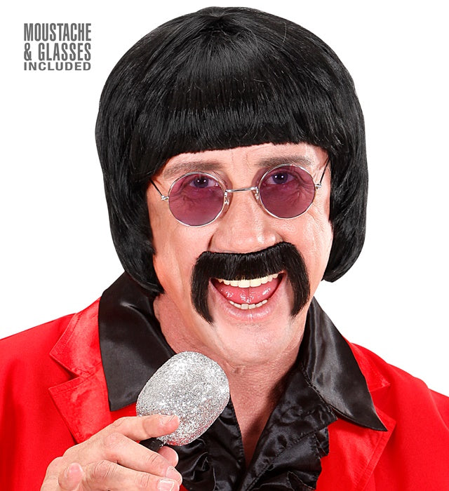 "SCHWARZE PERÜCKE 60ER JAHRE MUSIKER MIT SCHNURRBART UND BRILLE" in Box Schwarz