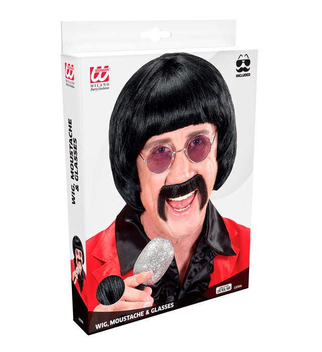 "SCHWARZE PERÜCKE 60ER JAHRE MUSIKER MIT SCHNURRBART UND BRILLE" in Box Schwarz