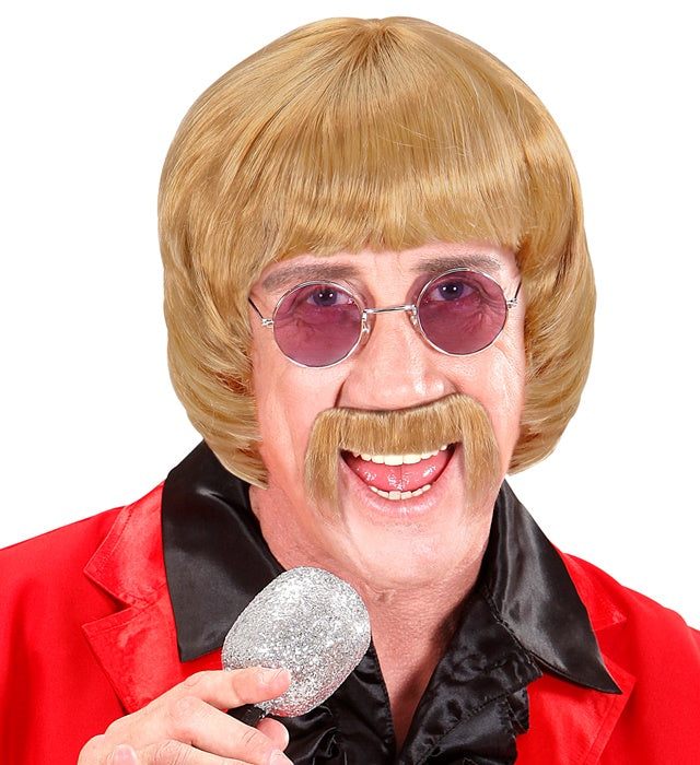 Blonde 60er Jahre Perücke mit Schnurrbart und Brille in Box