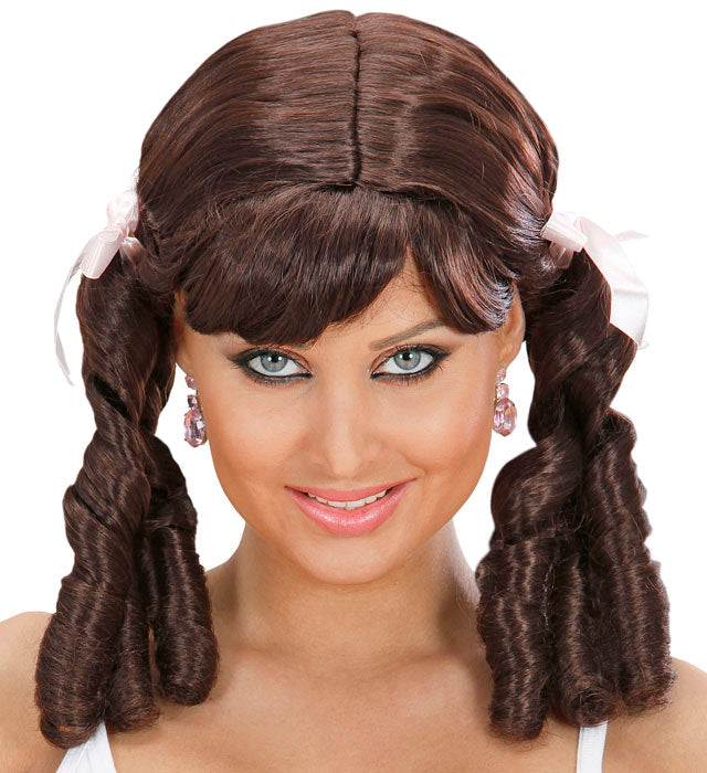 Braune Lolita-Perücke mit voluminösen Locken in Box verpackt