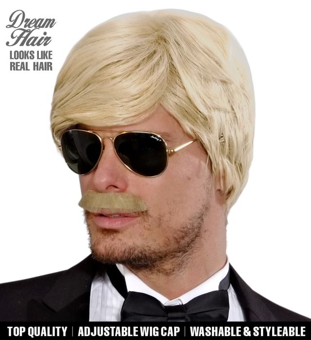 Blonde Fasnacht-Perücke mit passendem Schnurrbart in farbiger Verpackung