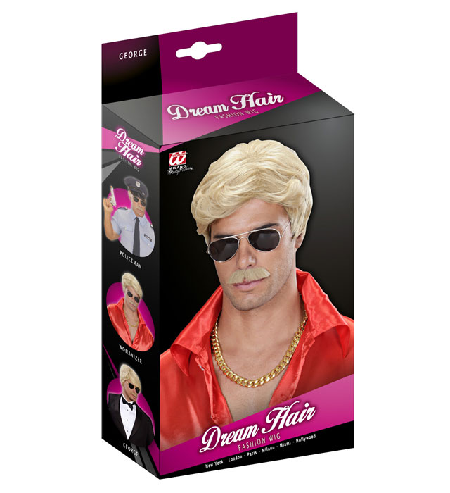 Blonde Fasnacht-Perücke mit passendem Schnurrbart in farbiger Verpackung