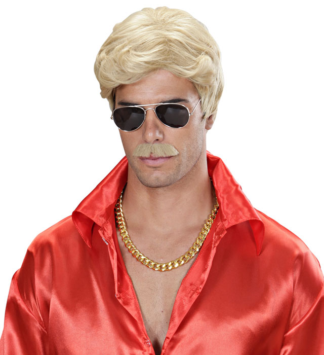 Blonde Fasnacht-Perücke mit passendem Schnurrbart in farbiger Verpackung