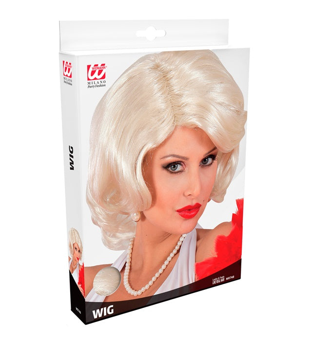 Marylin-Perücke mit voluminösen blonden Wellen in Verpackung