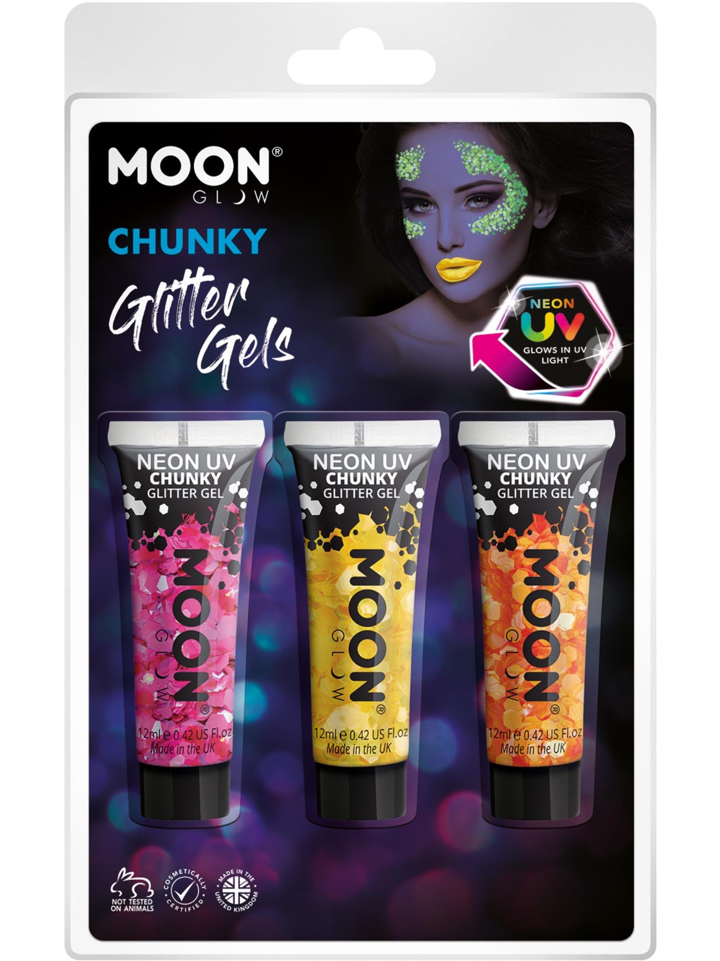 Smiffys Moon Glow - Neon UV Chunky Glitter Gel, CD für Unisex