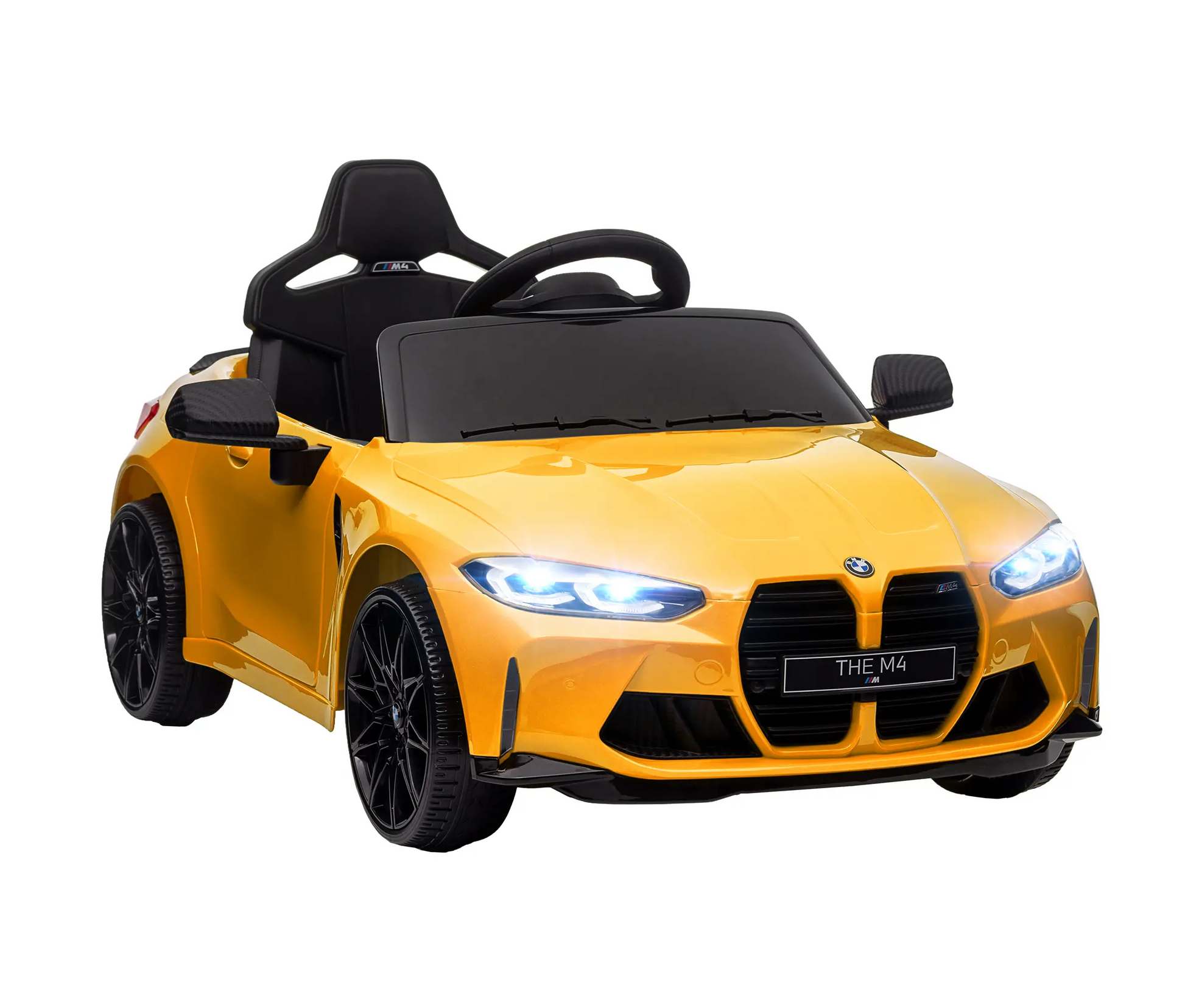 Gelbes BMW M4 Elektro Kinderauto mit Fernbedienung und LED-Scheinwerfern, für Kinder ab 3 Jahren.