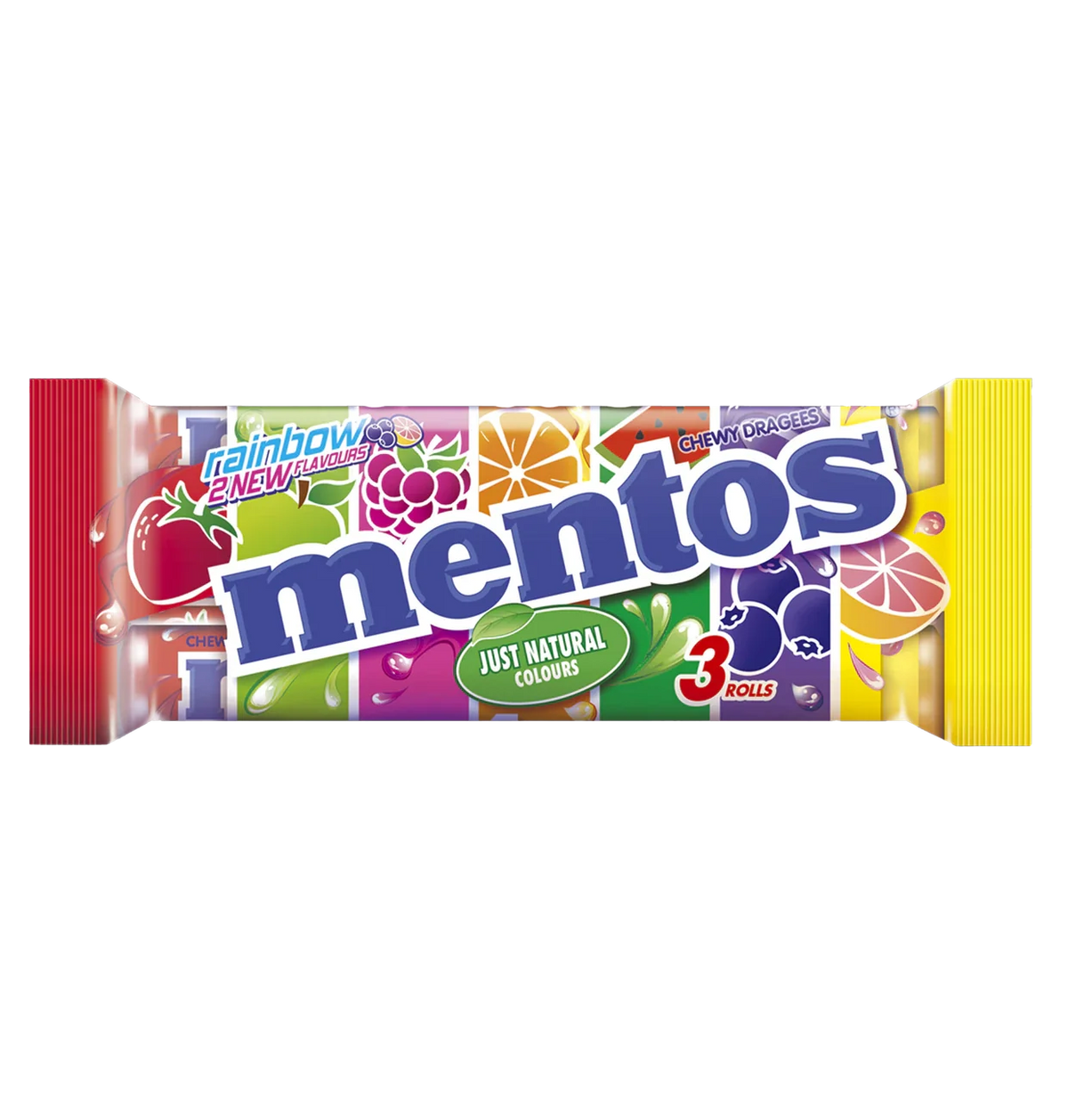 Mentos Rainbow Multipack mit 3 Rollen à 37,5 g fruchtige Kaudragees – Produktansicht