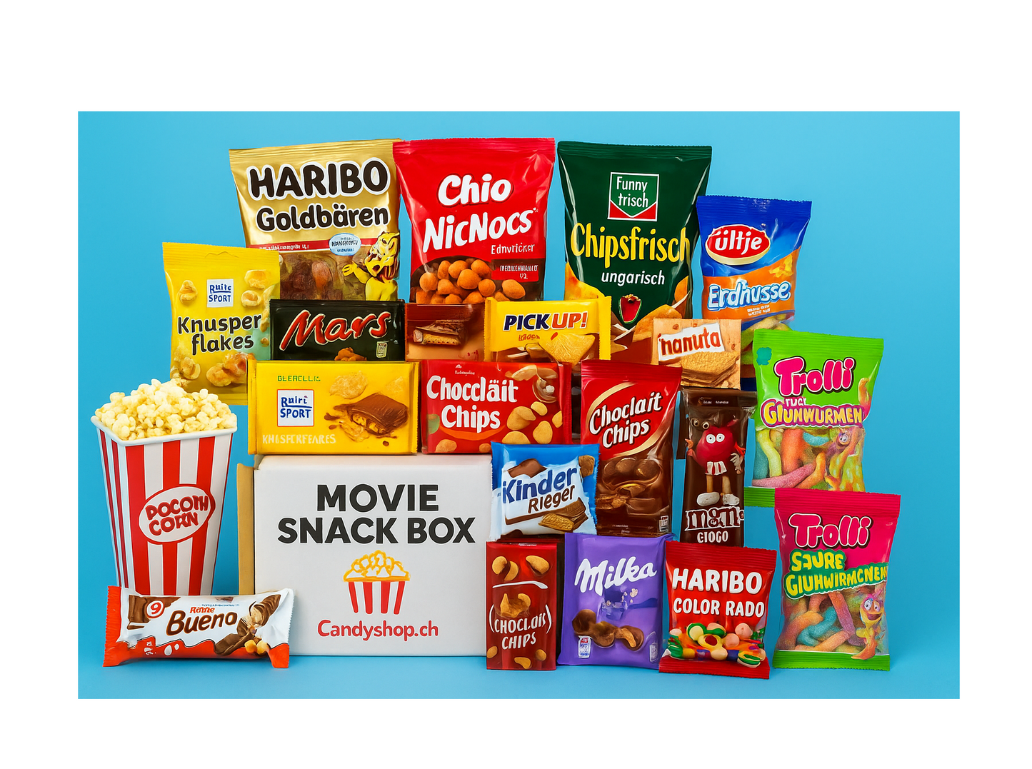 Monatsbox mit verschiedenen beliebten Snacks für Filmabende in neutralem Karton.