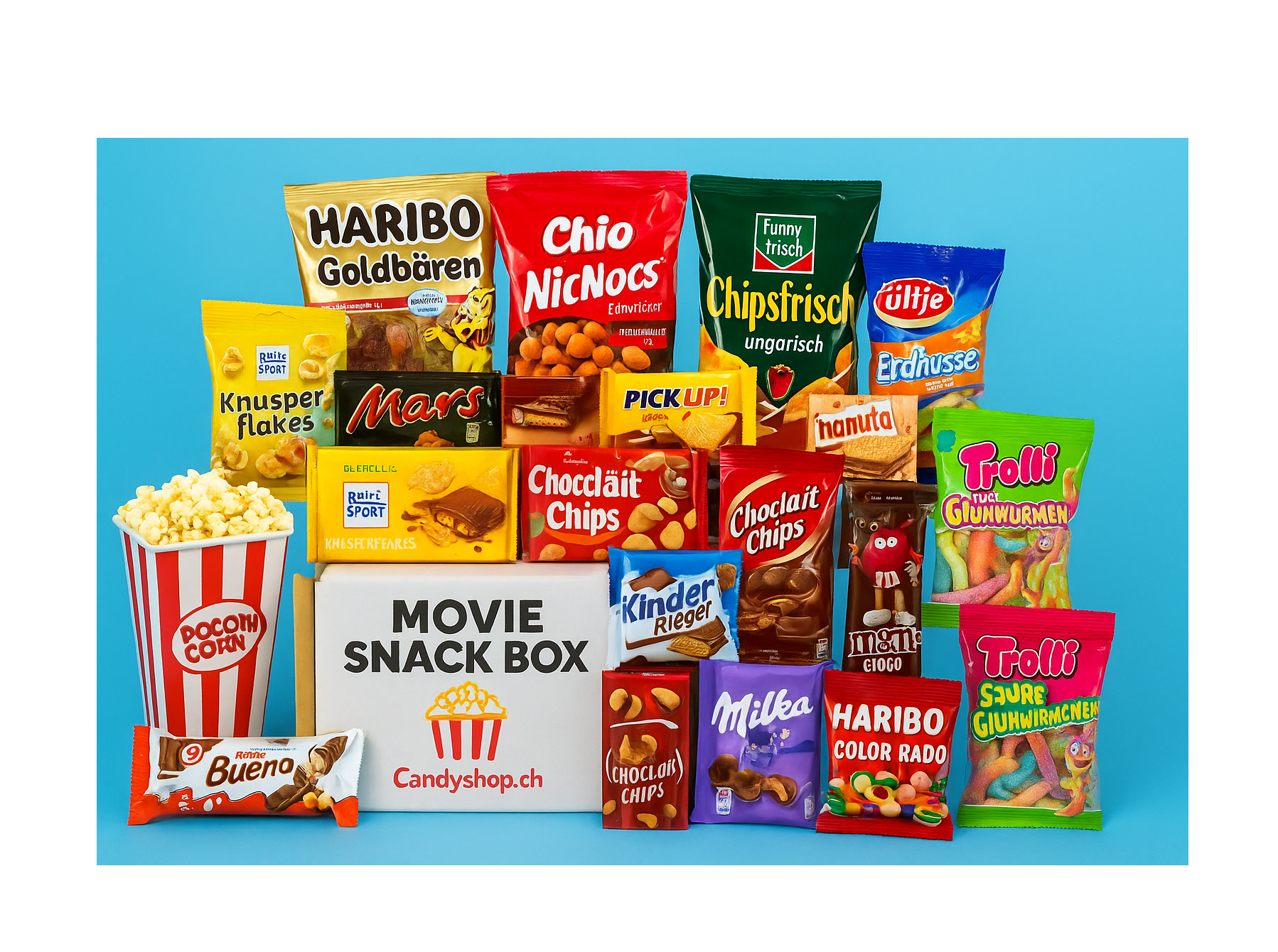 Monatsbox mit verschiedenen beliebten Snacks für Filmabende in neutralem Karton.