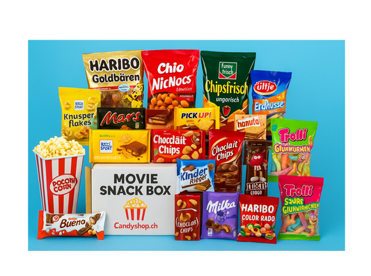 Monatsbox mit verschiedenen beliebten Snacks für Filmabende in neutralem Karton.