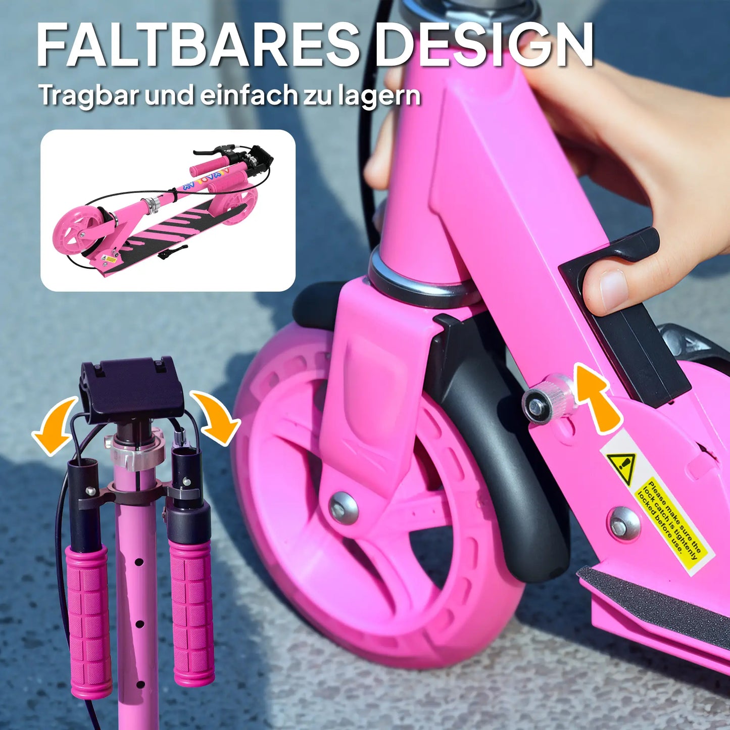Faltbarer Kinderroller in Rosa mit doppelten Bremsen und höhenverstellbarem Lenker.