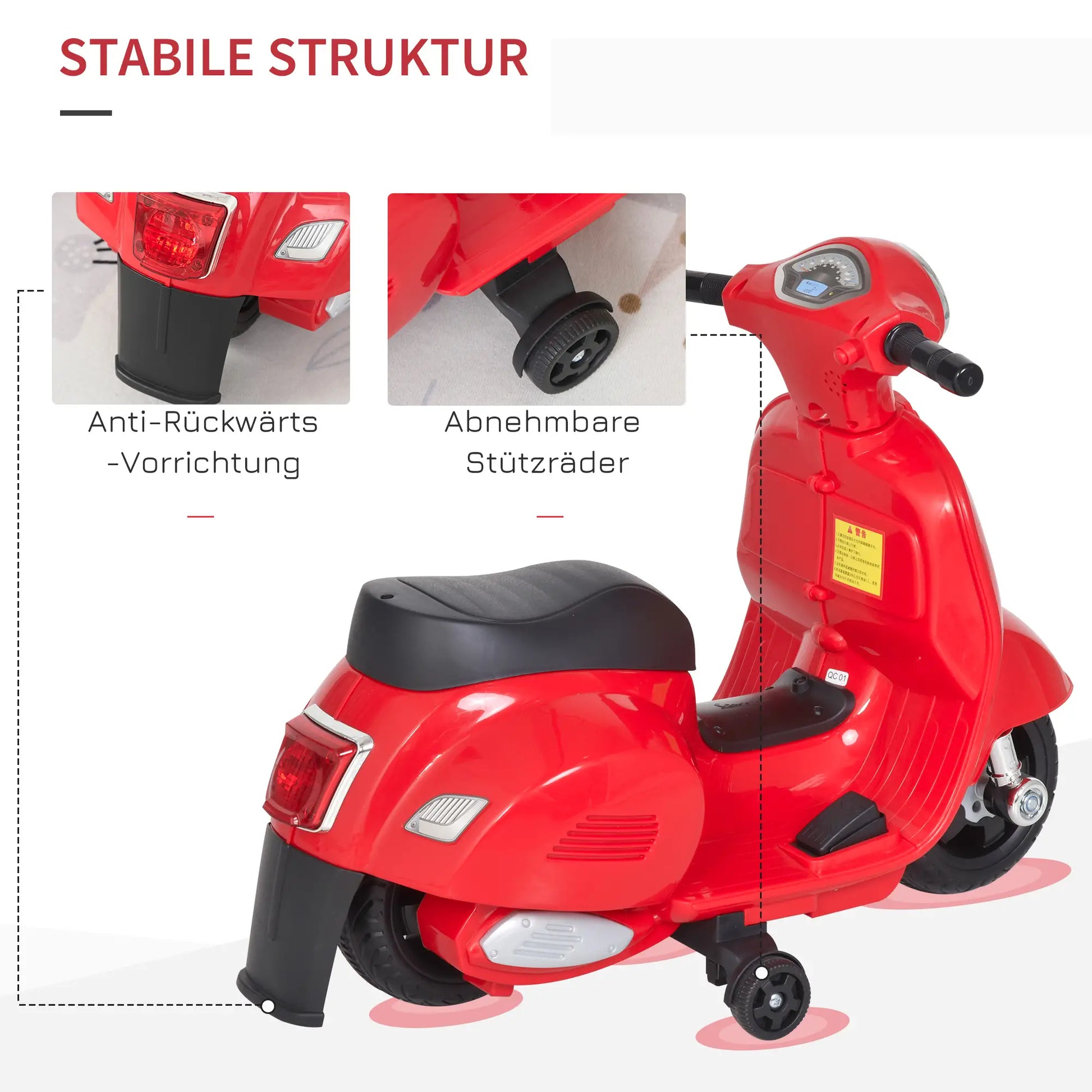 Rotes HOMCOM Vespa Elektromotorrad für Kinder mit LED-Scheinwerfer und abnehmbaren Stützrädern.