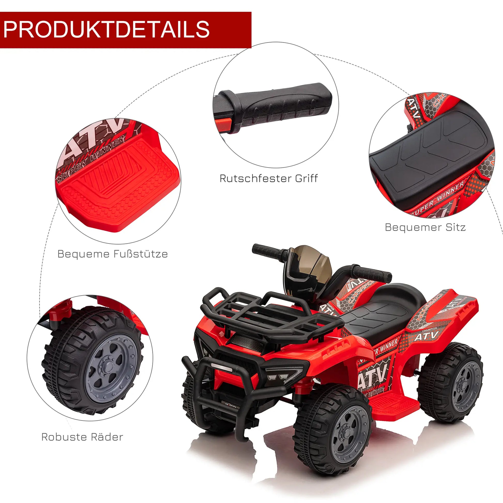 Rotes Elektro Kinderquad für Kinder mit vier Reifen und Musikfunktion, geeignet ab 18 Monaten.