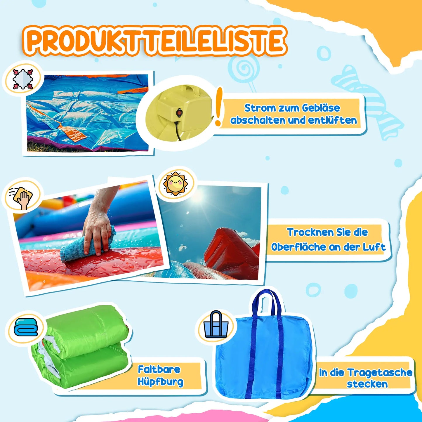 Aufblasbare Hüpfburg mit Rutsche und zwei Wasserbecken in bunten Farben, 478x440 cm.