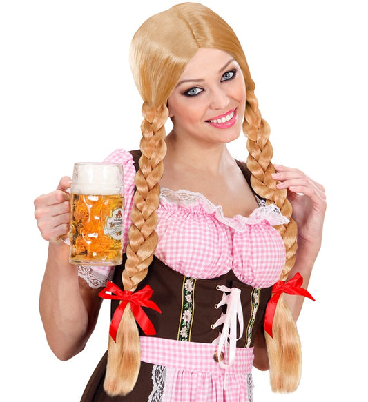 Blonde Gretel Perücke mit geflochtenen Zöpfen in Box für Fasnacht und Karneval