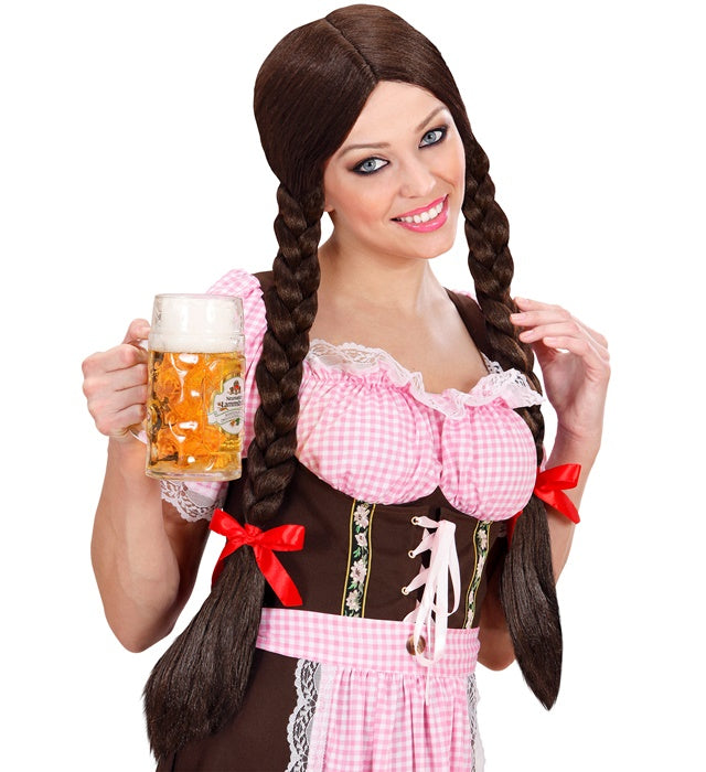 Braune Gretel-Perücke mit Zöpfen in Aufbewahrungsbox