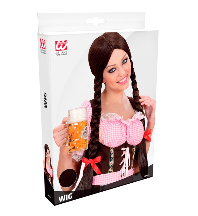 Braune Gretel-Perücke mit Zöpfen in Aufbewahrungsbox