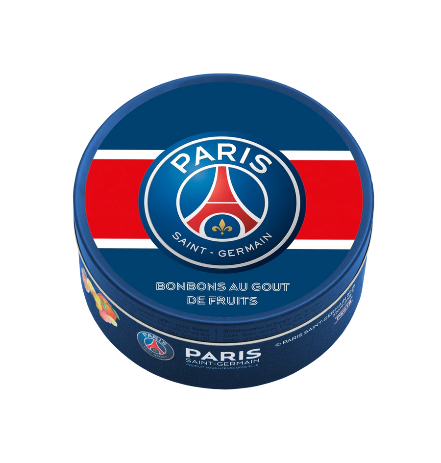 PSG Paris Saint Germain Bonbons mit Früchtemixgeschmack 200 g in Metalldose – Produktansicht