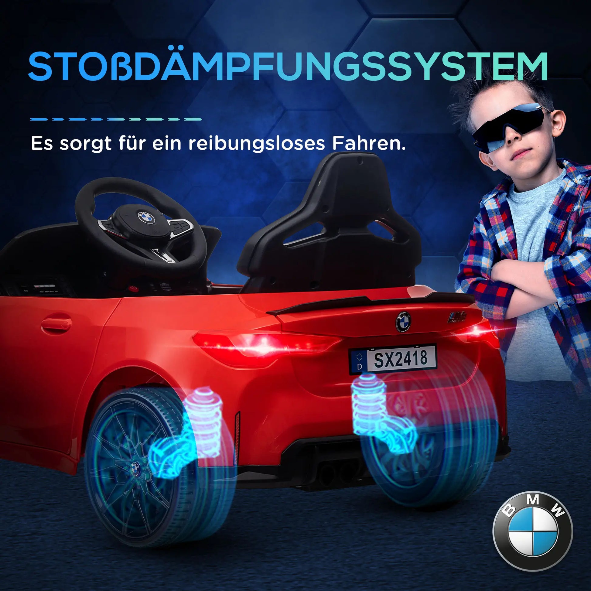 Rotes BMW M4 Elektro Kinderauto mit Fernsteuerung und LED-Scheinwerfern, für Kinder ab 3 Jahren.