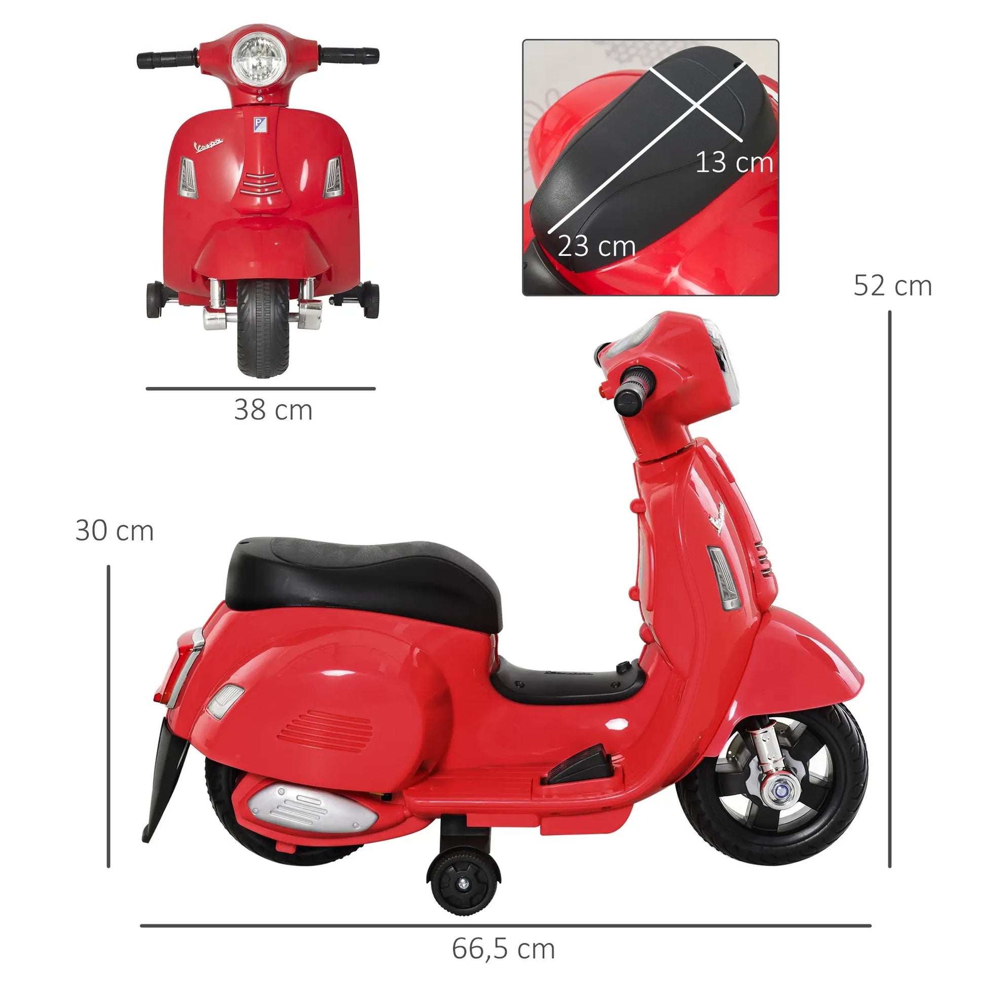 Rotes HOMCOM Vespa Elektromotorrad für Kinder mit LED-Licht und Stützrädern.