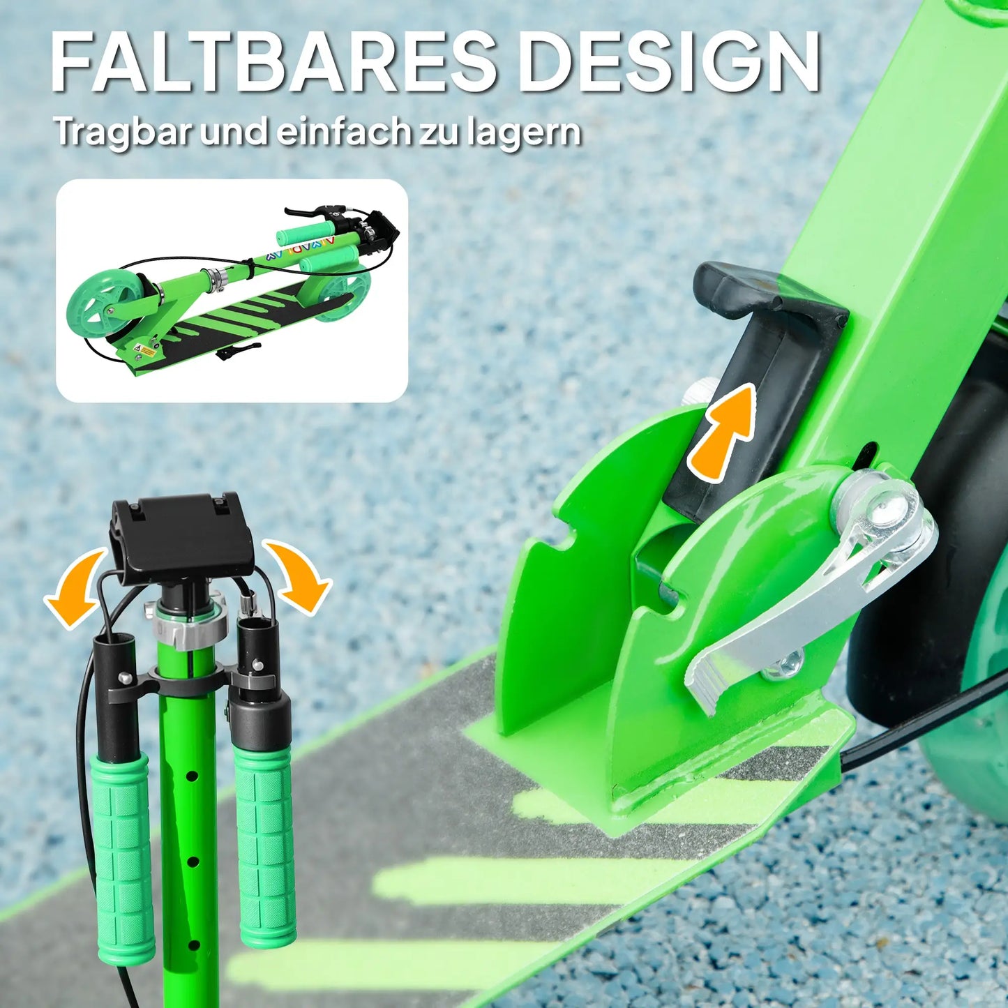 Grüner Kinderroller mit klappbarem Design und doppelten Bremsen für Kinder von 3 bis 8 Jahren.