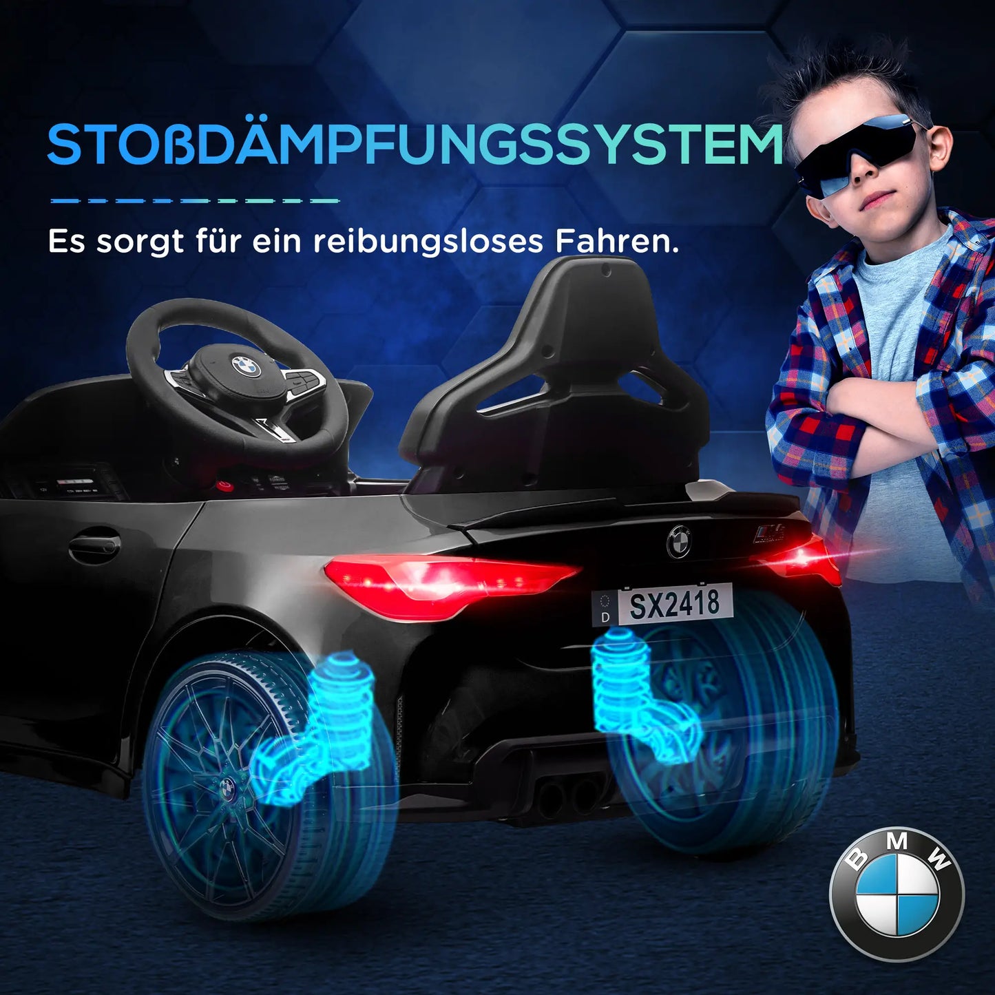 Schwarzes BMW M4 Elektro Kinderauto mit Fernsteuerung für 3-5 Jahre, LED-Scheinwerfer sichtbar.
