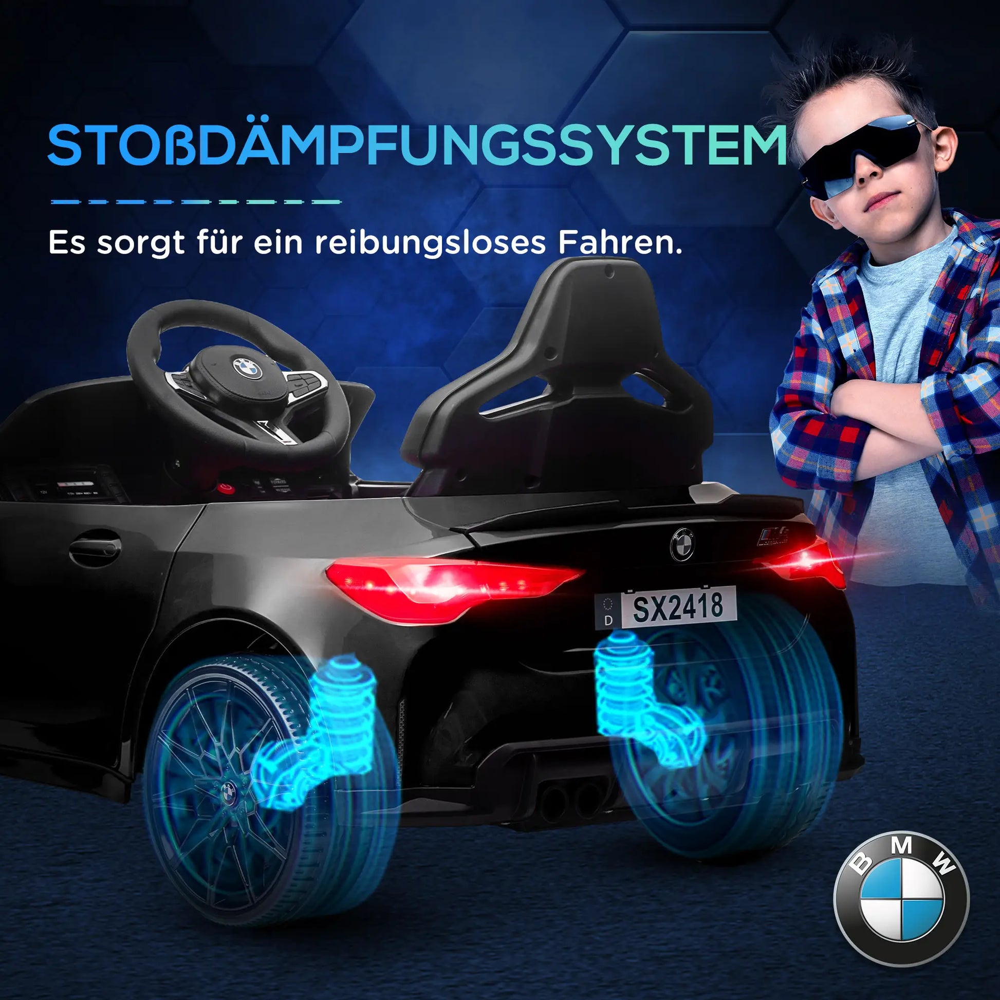 Schwarzes BMW M4 Elektro Kinderauto mit Fernsteuerung für 3-5 Jahre, LED-Scheinwerfer sichtbar.
