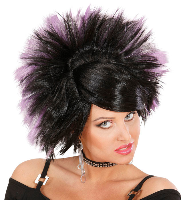 Rock Prinzessin Perücke schwarz und violett in Box für Fasnacht und Karneval